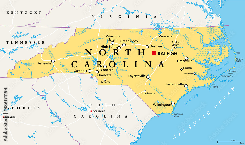 North Carolina, NC, political map. With the capital Raleigh and largest cities. State in the southeastern region of the United States of America. Old North State. Tar Heel State. Illustration. Vector.