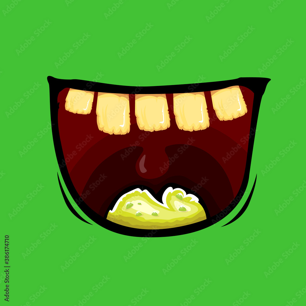 Vector cartoon funny zombie monster mouth with rotten teeth isolated on green background. Vector happy Halloween kids t-shirt design template with funky monster mouth Vector cartoon funny zombie monster mouth with rotten teeth isolated on green background. Vector happy Halloween kids t-shirt design template with funky monster mouth