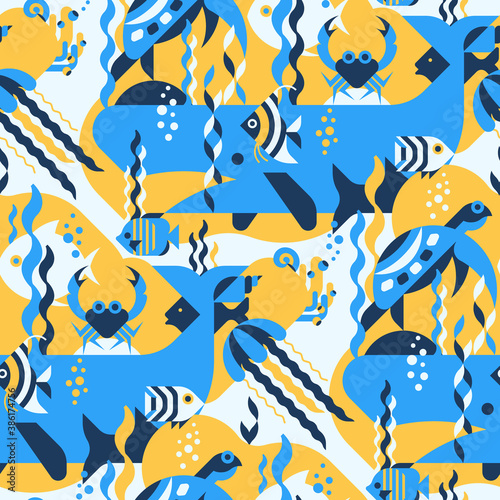 Under water sea seamless pattern with whale, fish, jellyfish, tropical fish, crab, coral, seashells, seaweed. Perfect for fabric, textile, wallpaper. Sea creatures design pattern.