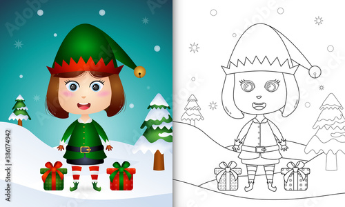 coloring book with a cute girl elf christmas characters with a sack of gifts