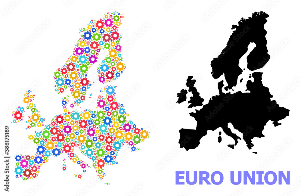 Vector mosaic map of Euro Union constructed for workshops. Mosaic map of Euro Union is shaped with randomized colored wheels. Engineering items in bright colors.