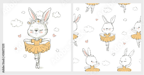 Seamless pattern with the sweet ballerina bunny illustration vector for print design and other uses.. Can be used for t-shirt print, kids wear fashion design, baby shower invitation card.