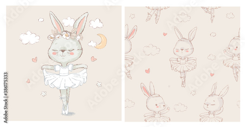 Seamless pattern with the sweet ballerina bunny illustration vector for print design and other uses.. Can be used for t-shirt print, kids wear fashion design, baby shower invitation card.