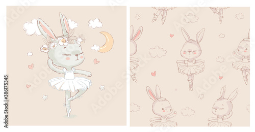 Seamless pattern with the sweet dancing cartoon ballerina bunny. Hand drawn vector illustration. Can be used for baby t-shirt print, kids fashion design, baby shower card.