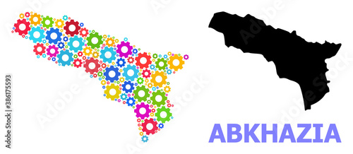 Vector mosaic map of Abkhazia combined for industrial apps. Mosaic map of Abkhazia is done of randomized bright gears. Engineering components in bright colors.