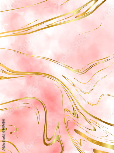 Blush pink watercolor fluid painting vector design card. Gold rose and golden marble geode frame. Soft wedding invitation. Dye splash style.