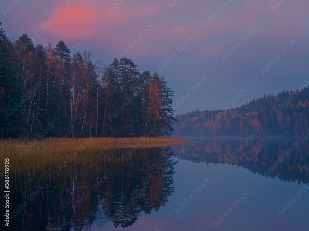 Fototapeta premium Golden Autumn on the background of a large lake