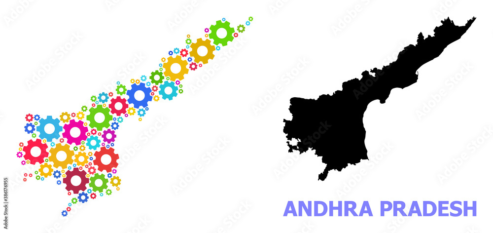 Vector composition map of Andhra Pradesh State created for engineering. Mosaic map of Andhra Pradesh State is designed with random bright gears. Engineering components in bright colors.