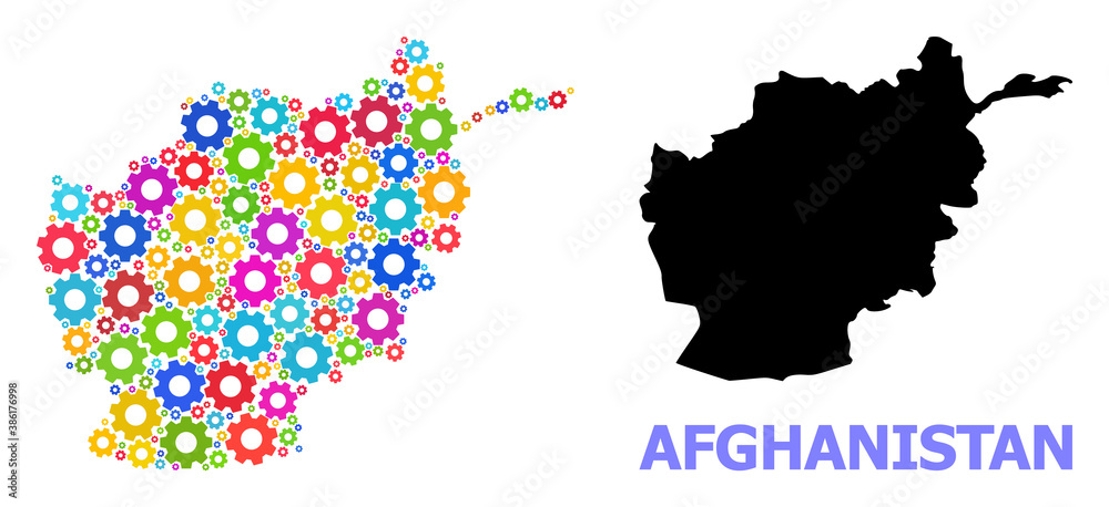 Vector mosaic map of Afghanistan created for engineering. Mosaic map of Afghanistan is constructed from random bright cogs. Engineering components in bright colors.