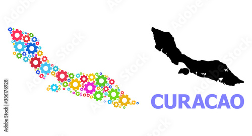 Vector mosaic map of Curacao Island done for services. Mosaic map of Curacao Island is done with random bright gears. Engineering items in bright colors.