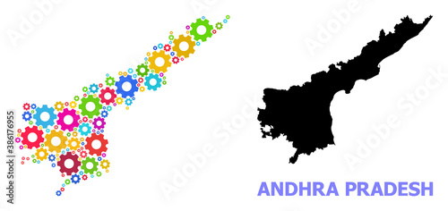 Vector composition map of Andhra Pradesh State created for engineering. Mosaic map of Andhra Pradesh State is designed with random bright gears. Engineering components in bright colors. photo