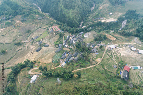 Rice Fields, rice terrace Paddy in Sa Pa Lao Cai Vietnam Asia Aerial Drone Photo