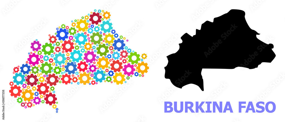 Vector mosaic map of Burkina Faso combined for engineering. Mosaic map of Burkina Faso is created from randomized colorful gear wheels. Engineering components in bright colors.