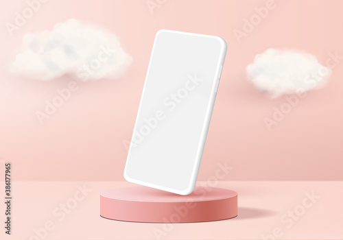 showcase display minimal scene with geometric smartphone. Background vector 3d rendering with podium showcase. stand to show mobile device mockup. Stage showcase display on pedestal 3d studio pink