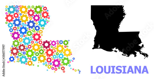 Vector mosaic map of Louisiana State designed for mechanics. Mosaic map of Louisiana State is done with random multi-colored wheels. Engineering components in bright colors.