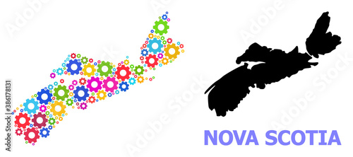 Vector mosaic map of Nova Scotia Province created for workshops. Mosaic map of Nova Scotia Province is created with randomized bright gears. Engineering items in bright colors.