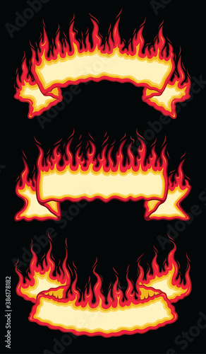 Fire Flame Scroll Banners is an illustration of three flaming fire banners with open space for your own text. Upper Arch, straight and bottom arch banners included. Great for firefighters & cookouts.