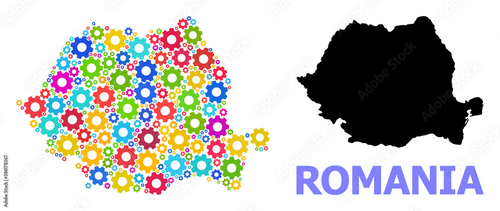 Vector mosaic map of Romania combined for engineering. Mosaic map of Romania is constructed with random bright cogs. Engineering items in bright colors.