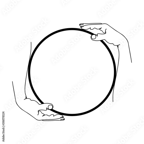 Hands hold a round frame. Abstract minimalistic sketch in black continuous lines. Great for postcard, textiles, logo, icon, avatar.