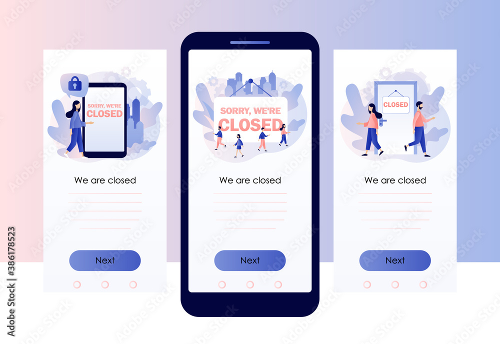 Naklejka premium Sorry we are closed - big sign. Bankrupt business. Closed establishments, cafe, shop, store, salon through crisis, quarantine. Screen template for mobile smart phone. Modern flat cartoon style. Vector