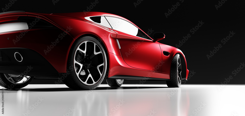 Rear view of red fast sports car in studio light. - obrazy, fototapety, plakaty 