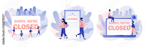 Sorry we are closed - big sign. Bankrupt business. Closed establishments, cafe, shop, store, salon through crisis, quarantine, pandemic, COVID-19. Modern flat cartoon style. Vector illustration 