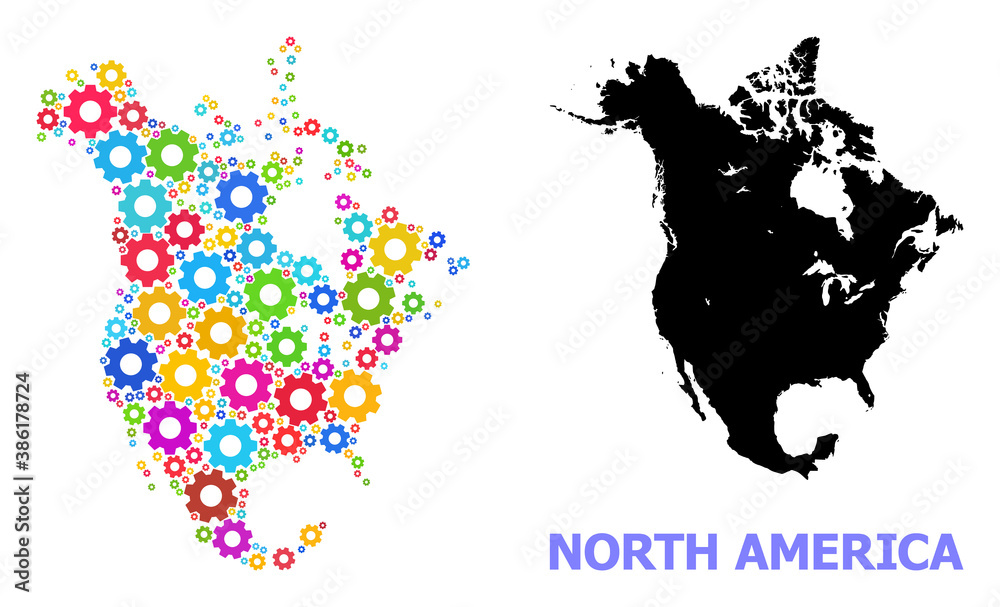 Vector mosaic map of North America constructed for workshops. Mosaic map of North America is composed with scattered bright gear wheels. Engineering components in bright colors.