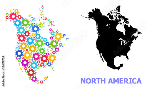 Vector mosaic map of North America constructed for workshops. Mosaic map of North America is composed with scattered bright gear wheels. Engineering components in bright colors.