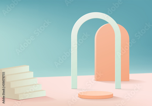 Cylinder abstract minimal scene with geometric platform. Summer background vector 3d rendering with podium. stand to show cosmetic products. Stage Showcase on pedestal modern 3d studio blue pastel