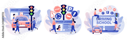 Driver license. Tiny people studying in driving school and passing exams. Traffic rules. Road signs. Education and drive lesson. Modern flat cartoon style. Vector illustration on white background