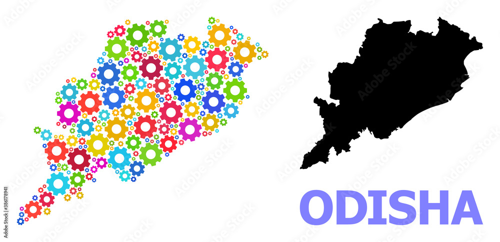 Vector mosaic map of Odisha State organized for engineering. Mosaic map of Odisha State is organized with random bright gear wheels. Engineering components in bright colors.