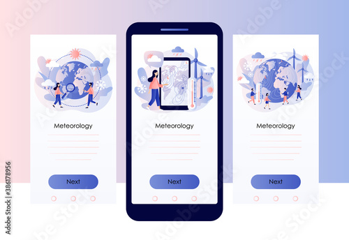 Meteorology science. World Meteorological day. Tiny people meteorologists researching weather and climate condition. Screen template for mobile smart phone. Modern flat cartoon style. Vector 