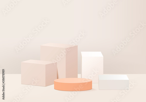 Cylinder abstract minimal scene with geometric platform. Summer background vector 3d rendering with podium. stand to show cosmetic products. Stage Showcase on pedestal modern 3d studio cream pastel
