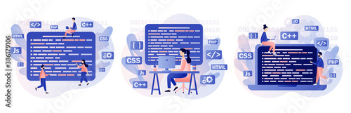 Programming and engineering development. Programmer or developer create code programming language. PHP, HTML, C++, CSS, Js. Modern flat cartoon style. Vector illustration on white background