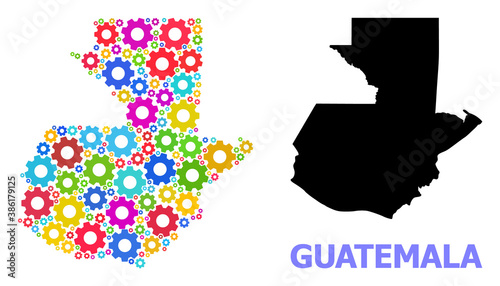 Vector mosaic map of Guatemala organized for services. Mosaic map of Guatemala is organized from scattered bright gears. Engineering items in bright colors.
