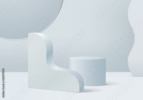 Background vector 3d blue rendered with marble podium and minimal blue cylinder scene, curve background 3d rendering abstract geometric shape blue pastel. 3D stage for awards on 3d background modern