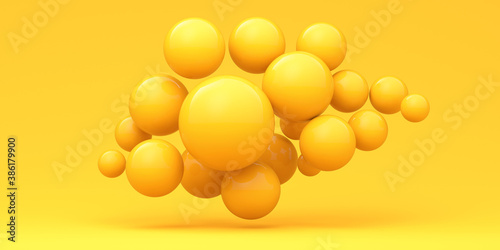 Abstraction illustration. Yellow shiny balls fly on a yellow background. 3d render illustration. Illustration for advertising.