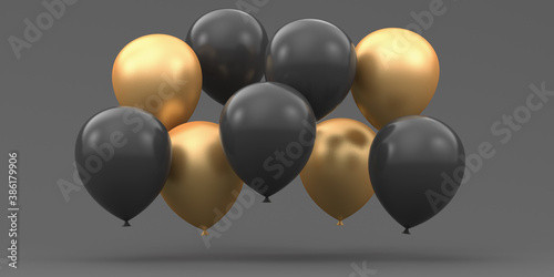 Black Friday. Many balloons black and gold on a gray background. 3d render illustration for advertising.