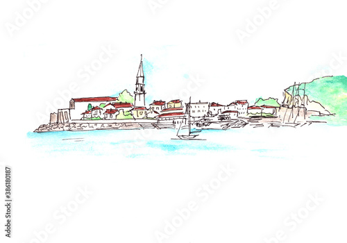 Medieval old town on the Adriatic Sea, graphic color travel sketch, copy space