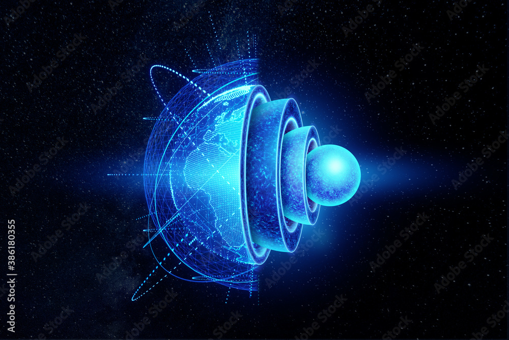 Φωτογραφία Blue hologram The internal structure of the earth, the structure of the core, geological layers on a dark background