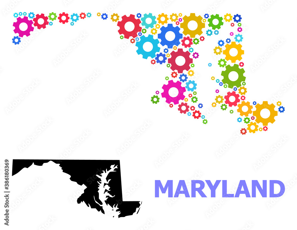Vector mosaic map of Maryland State constructed for engineering. Mosaic map of Maryland State is formed with randomized colorful gear wheels. Engineering items in bright colors.