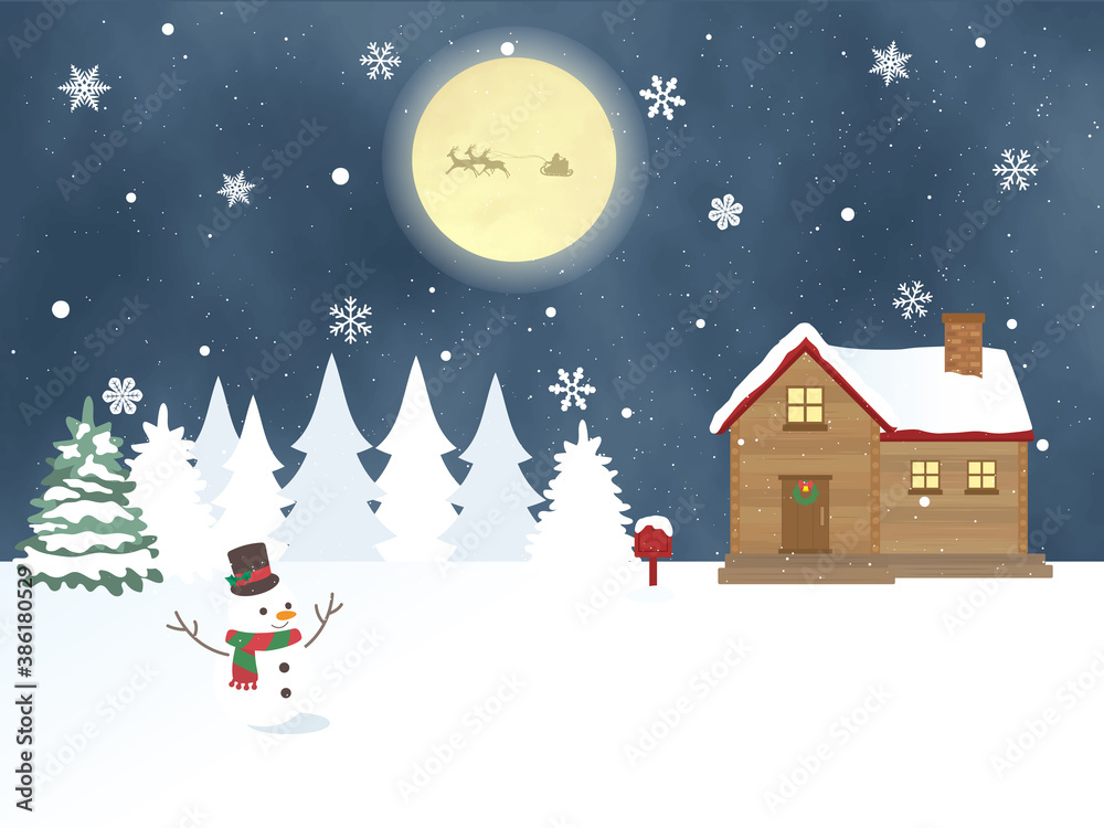 クリスマス　満月と雪景色　風景