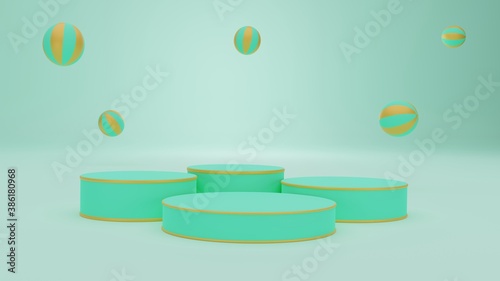 3d illustration. Green podium minimal, green and gold ball on the green wall scene. Advertising display space for placing products.