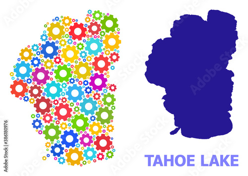 Vector collage map of Tahoe Lake done for engineering. Mosaic map of Tahoe Lake is shaped of random bright gear wheels. Engineering components in bright colors.