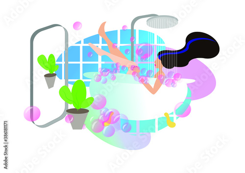 Woman with long black hair takes a bath with soap bubbles
