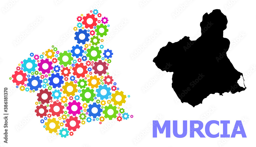Obraz premium Vector mosaic map of Murcia Province created for engineering. Mosaic map of Murcia Province is organized of randomized colorful wheels. Engineering components in bright colors.