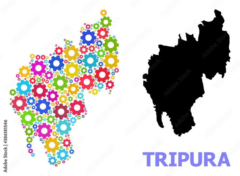 Vector mosaic map of Tripura State done for industrial apps. Mosaic map of Tripura State is constructed from randomized bright gears. Engineering items in bright colors.
