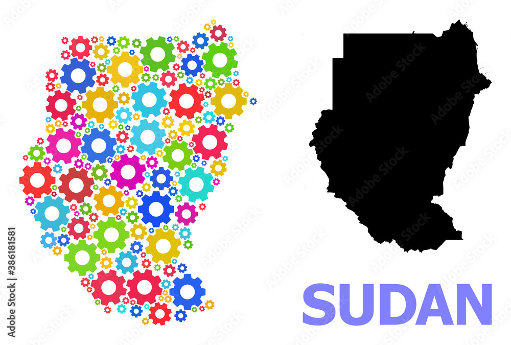 Vector mosaic map of Sudan done for mechanics. Mosaic map of Sudan is done with randomized bright gears. Engineering items in bright colors.