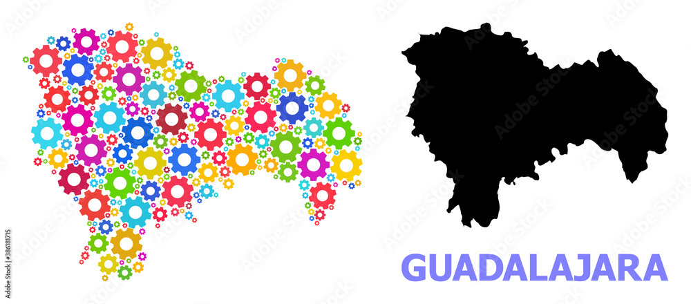 Vector mosaic map of Guadalajara Province designed for engineering. Mosaic map of Guadalajara Province is constructed with scattered bright gear wheels. Engineering components in bright colors.