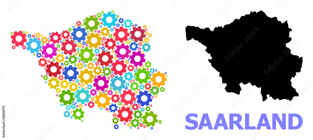 Vector composition map of Saarland State constructed for engineering. Mosaic map of Saarland State is created with scattered colored gear wheels. Engineering items in bright colors.